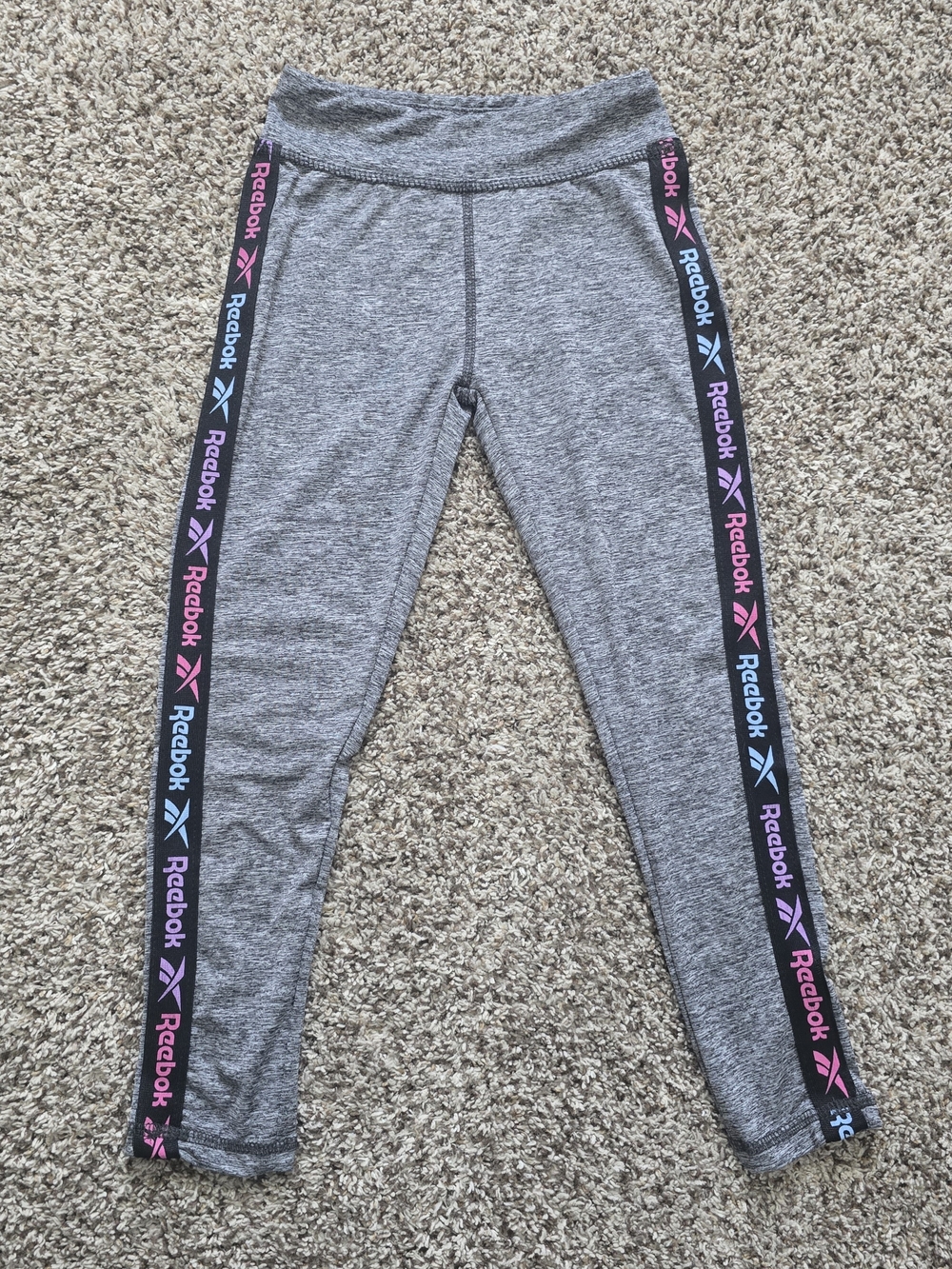 Reebok Girls' Gray Leggings with Pink & Blue Logo Tape